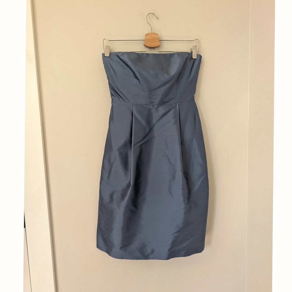 Ann Taylor Silk Strapless Cocktail Dress Slate Blue Pleated Tulip Skirt Size 0